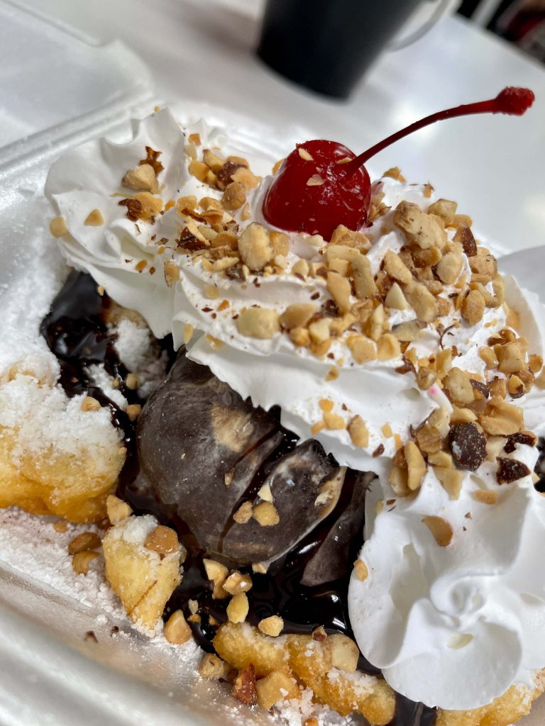 Funnel Cake with Midnight Swirl Ice Cream and Hot Fudge Sauce at Cravings - Evergreen Park